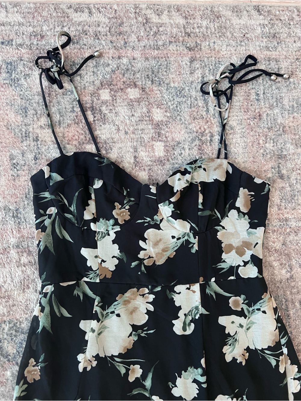Floral Petal + Pup Mid length dress - Black with Cream Floral - Picture 2 of 3